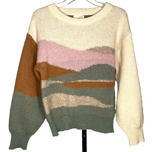 Women's Oversized Landscape Crewneck Pullover Sweater Size XS‎ Boxy Bohemian
